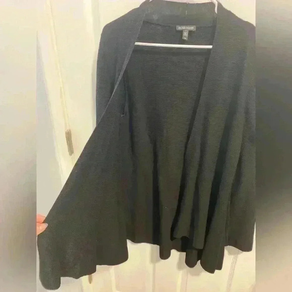 Eileen Fisher Open Front Long Duster Cardigan Black Large L Minimalist Lagenlook - Picture 3 of 5